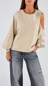 Felpa cut out ricamo strass T.