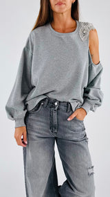 Felpa cut out ricamo strass T.