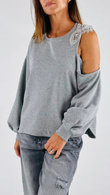 Felpa cut out ricamo strass T.