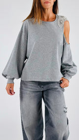 Felpa cut out ricamo strass T.