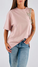 T-shirt asimmetrica ricamo strass T.