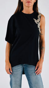 T-shirt asimmetrica ricamo strass T.