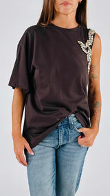 T-shirt asimmetrica ricamo strass T.