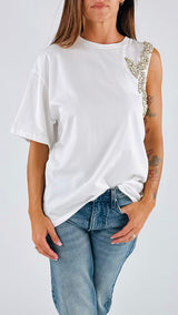 T-shirt asimmetrica ricamo strass T.