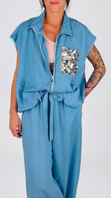 Bomber chambray tasca paillettes T.