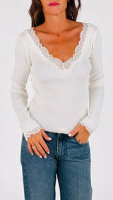 Maglia costina scollo pizzo