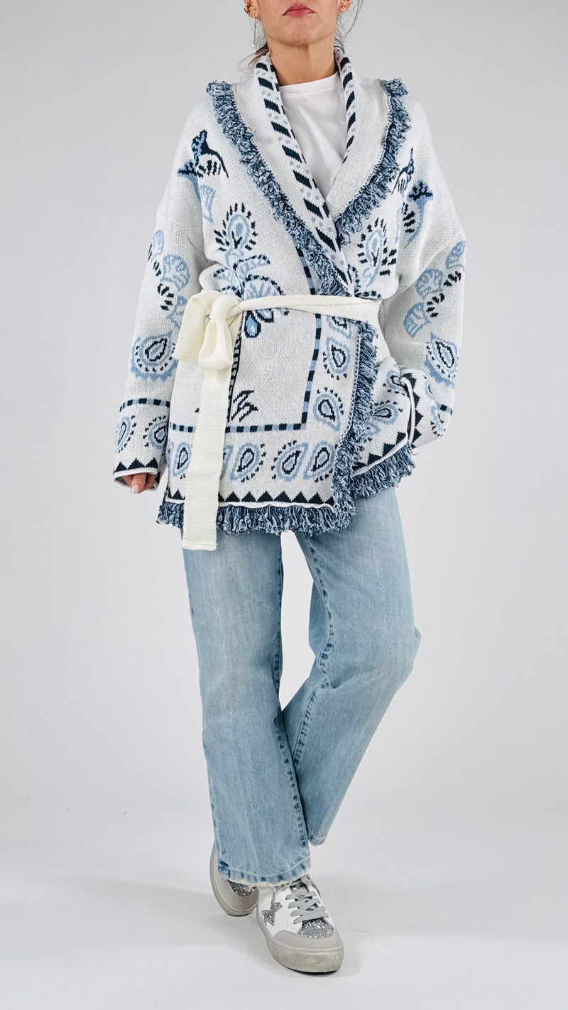 Cardigan jacquard frange lungo T.