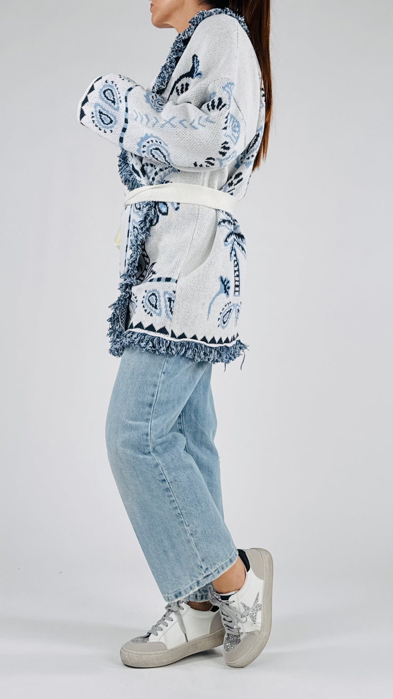 Cardigan jacquard frange lungo T.