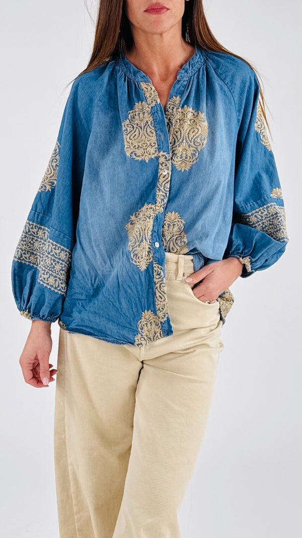 Camicia chambray ricami T.
