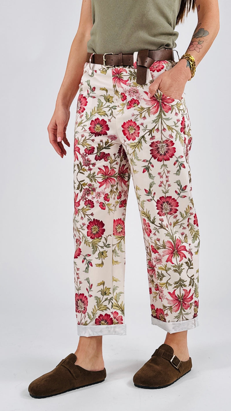 Pantalone carota fiori rossi Vic.