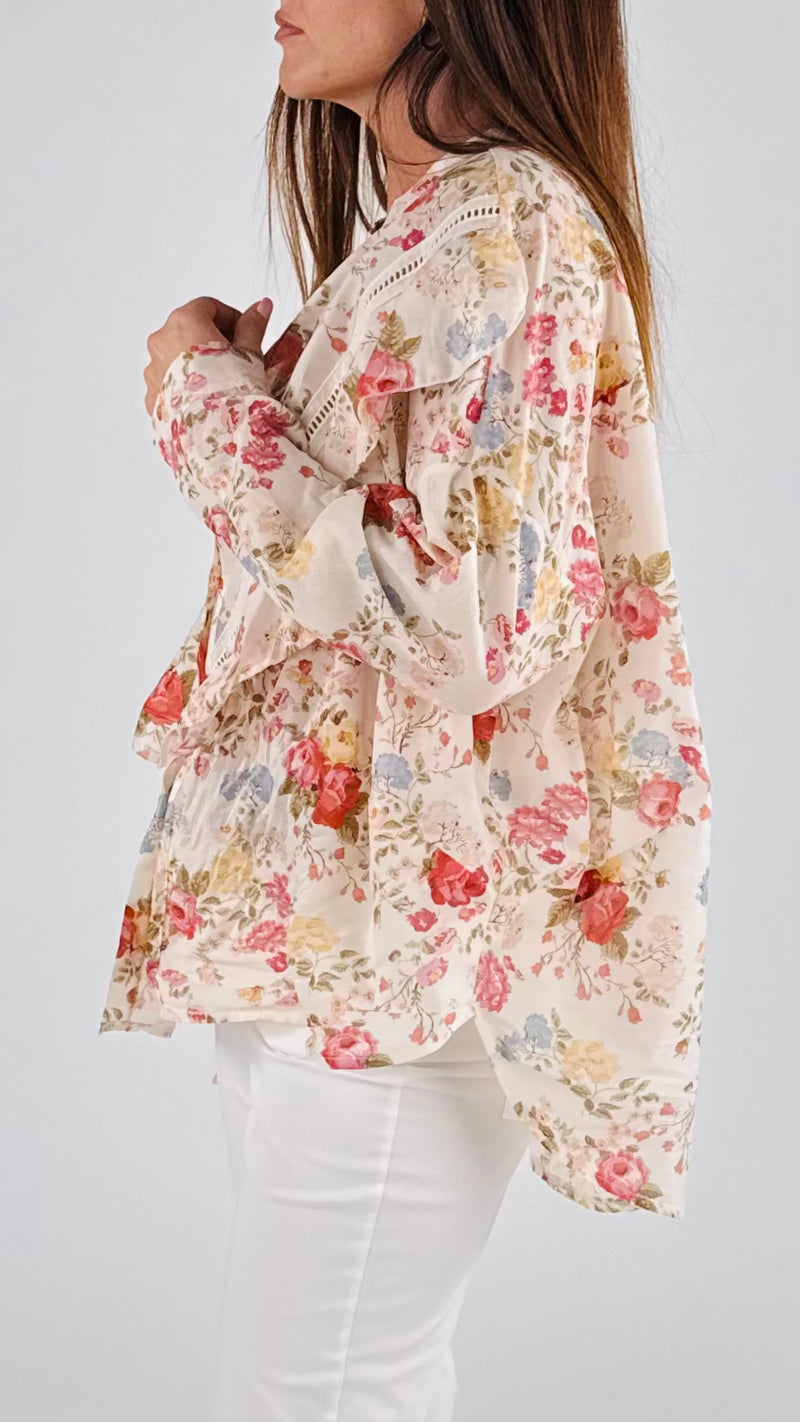 Camicia over mussola fiori+rouches T.