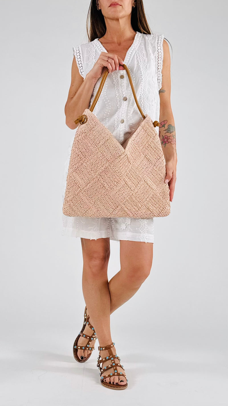 Borsa rafia manico ecopelle