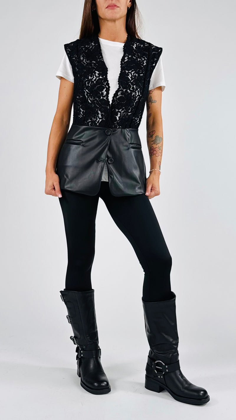 Gilet macramè+ecopelle T.