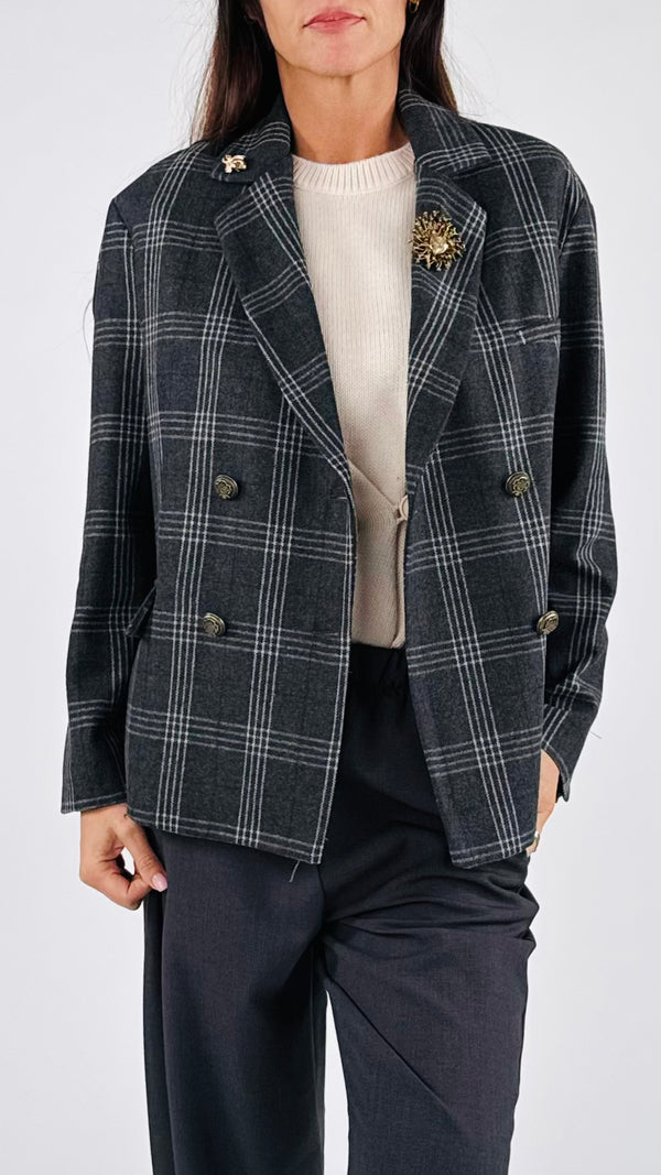 Giacca doppiopetto tartan spille T.