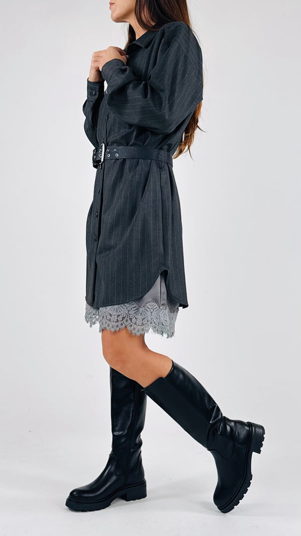 Chemisier twill gessato+sottoveste pizzo T.