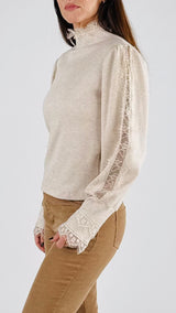 Maglia costina manica baloon pizzo H.