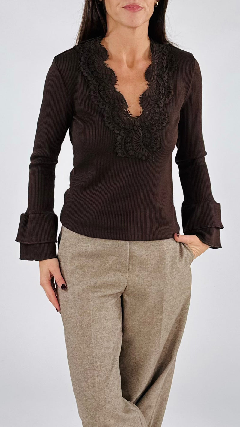 Maglia costina scollo macramè H.