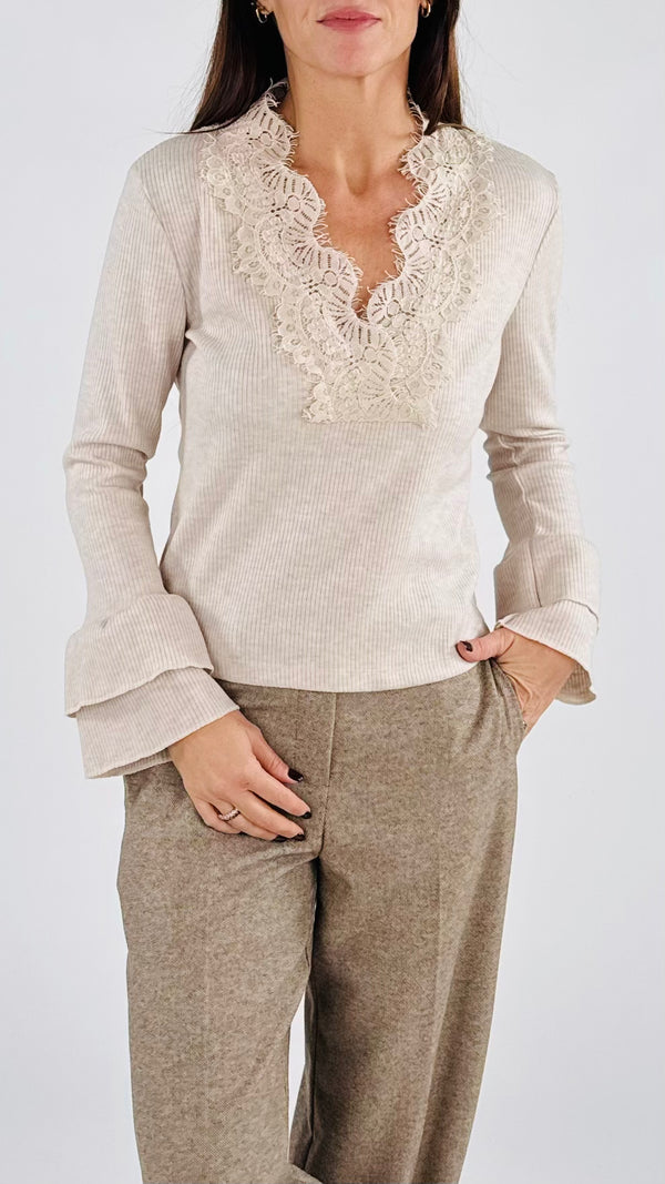 Maglia costina scollo macramè H.