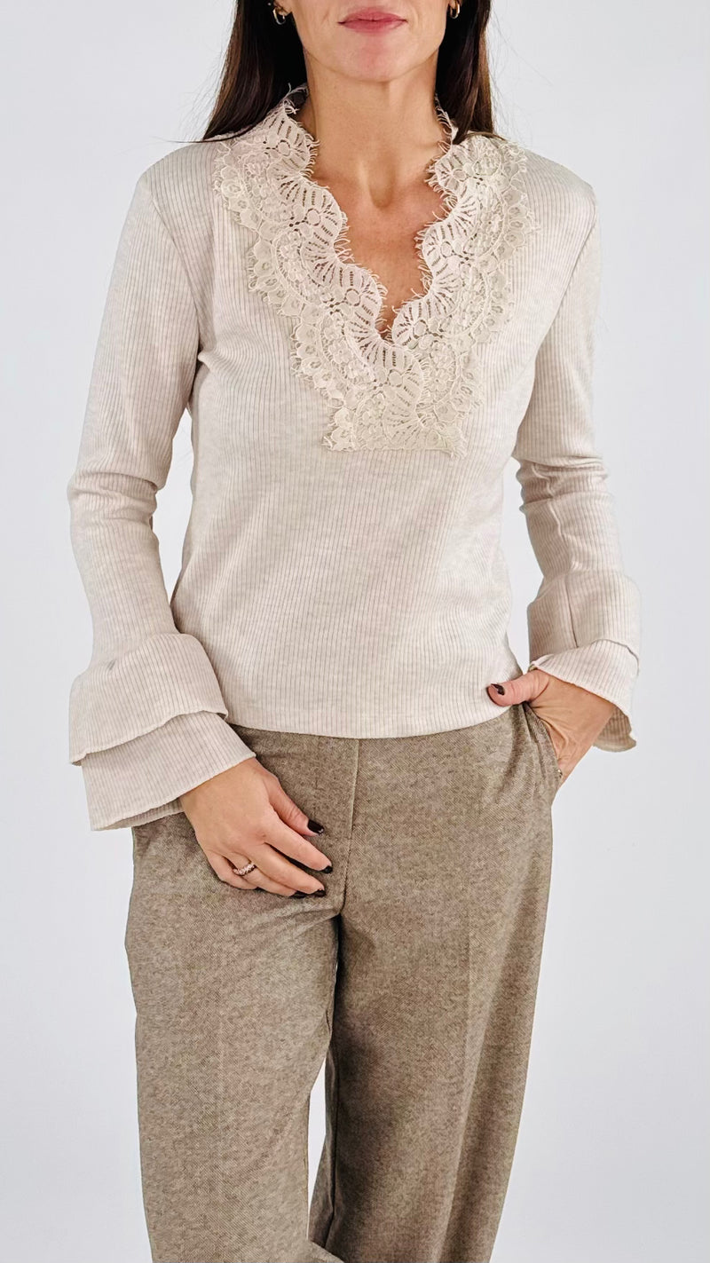 Maglia costina scollo macramè H.