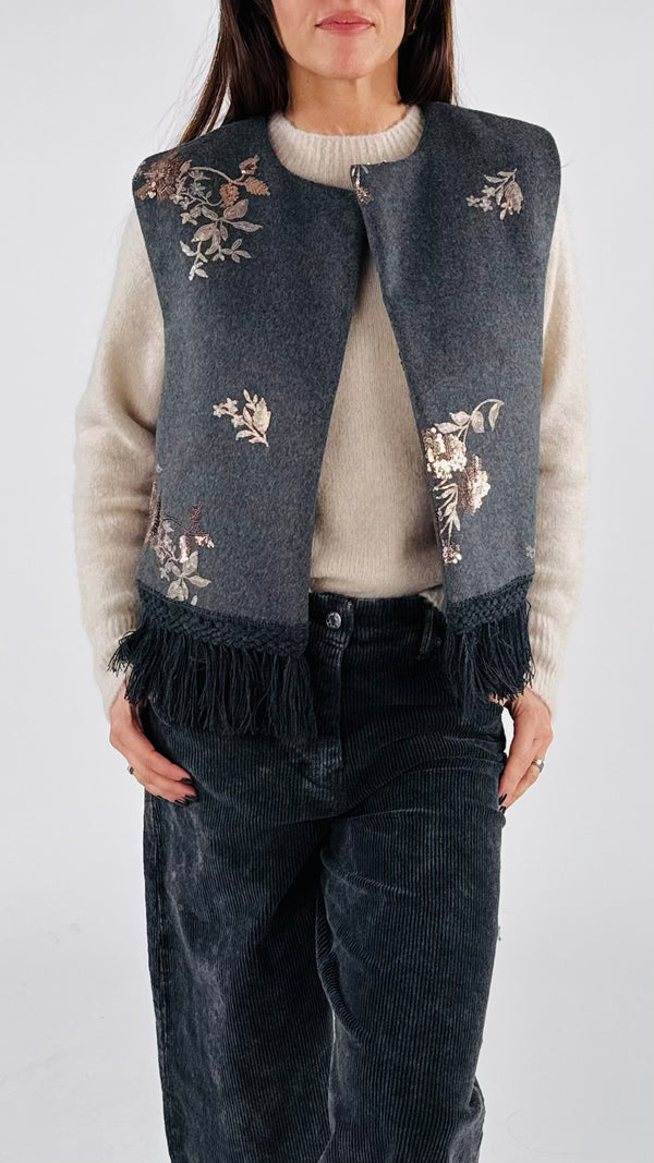 Gilet frange ricami paillettes T.