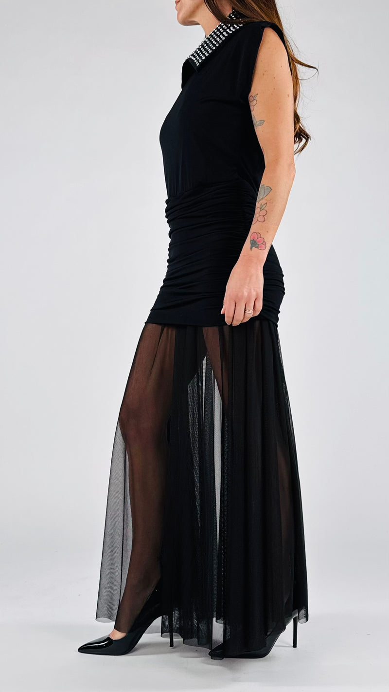 Abito jersey tulle colletto strass H.