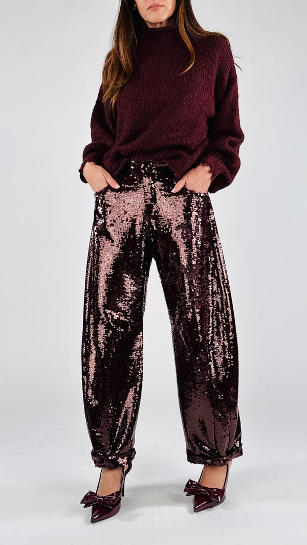 Pantalone egg paillettes vino T.